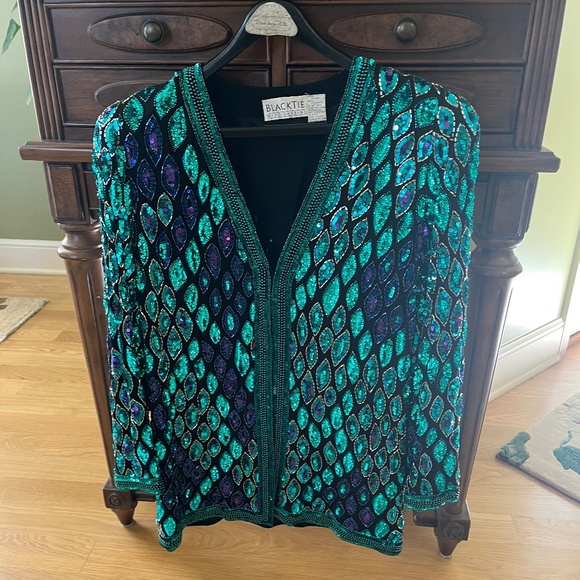 Oleg Cassini Black Tie sequined jacket, Size L (est) - Picture 1 of 4